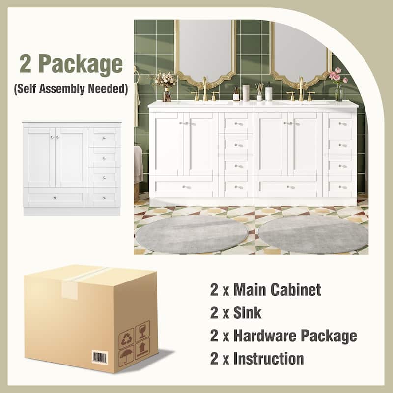 Roomfitters Shaker Style 72" Freestanding Bathroom Vanity Cabinet with Ceramic Sink, Soft-Close Doors and Drawers