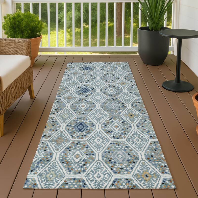 Machine Washable Indoor/ Outdoor Modern Hexi Chantille Rug - Teal - 2'3" x 7'6"
