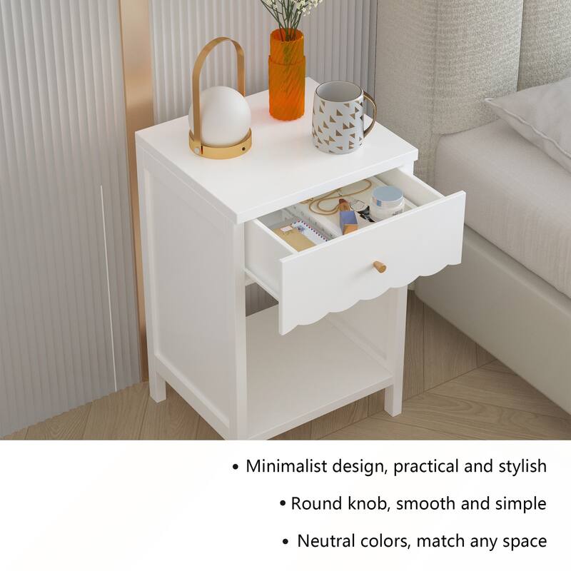 Modern White Nightstand with Drawer and Open Shelf for Bedroom