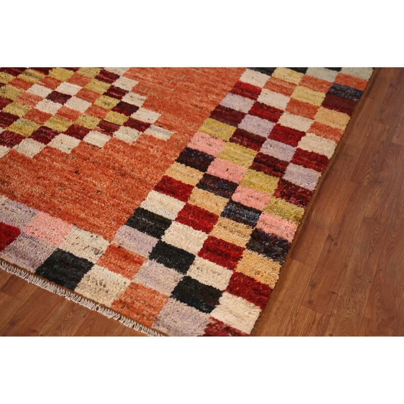 Checkered Orange Moroccan Oriental Rug Handmade Wool Carpet - 6'7" x 9'8"