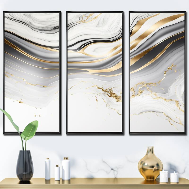 Designart "Abstract Geode Marble Waves Grey III" Modern Waves Framed Canvas Art Print - 3 Panels - 36 in. wide x 28 in. high - 3 Panels - Black