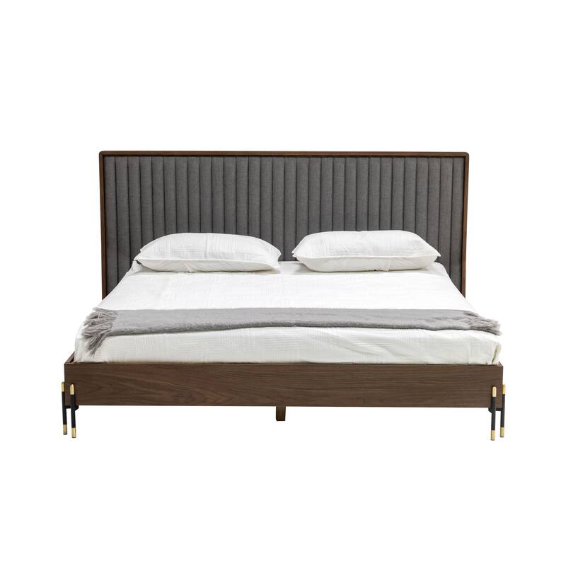 Noe Sia Queen Size Platform Bed, Channel Tufted Upholstery, Gray, Brown
