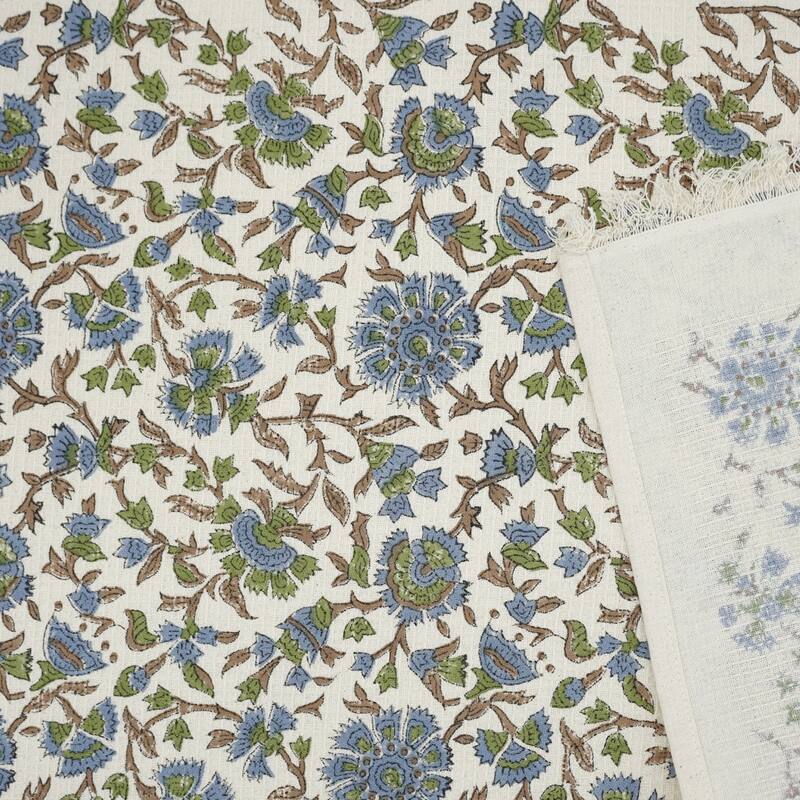 Fabdivine Hand Block Floral Print Waffle Weave Kitchen, Dining Room Use, Gift Hand Towel - Pushplata- Brown, Blue, Green - Set of 2