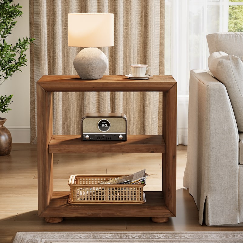 Solid Wood End Table with Storage Shelves, Bedside Nightstand, Living Room Bedroom Accent Side Table