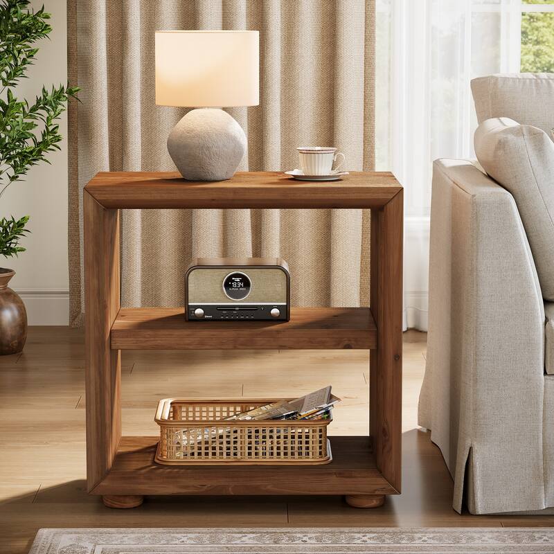 Solid Wood Side Table, Bedside Furniture with Storage Shelves - Brown