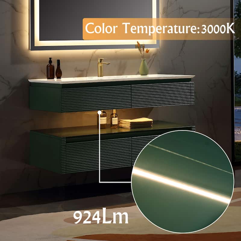 Modland 36/48 Inch LED Floating Vanity with Marble Top & Soft-Close Drawer - Green/White, Wall Drain Ready