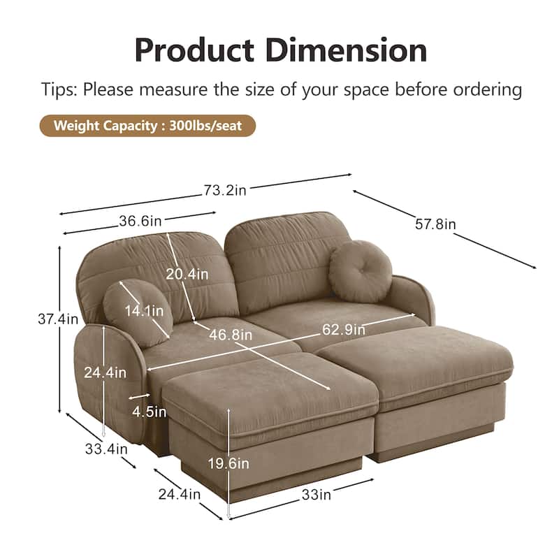 GDFStudio Sylvie Ashworth Chenille Cloud U-Shaped Loveseat Sofa with Movable Ottomans, Deep Seat