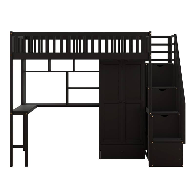Loft Bed with Bookshelf,Drawers,Desk,and Wardrobe