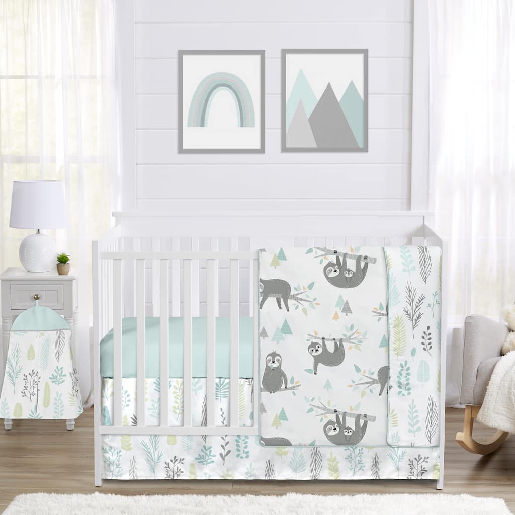 Sweet Jojo Designs Blue Grey Jungle Sloth Leaf Unisex 4pc Nursery Crib Bedding Set - Turquoise Gray Green Tropical Rainforest
