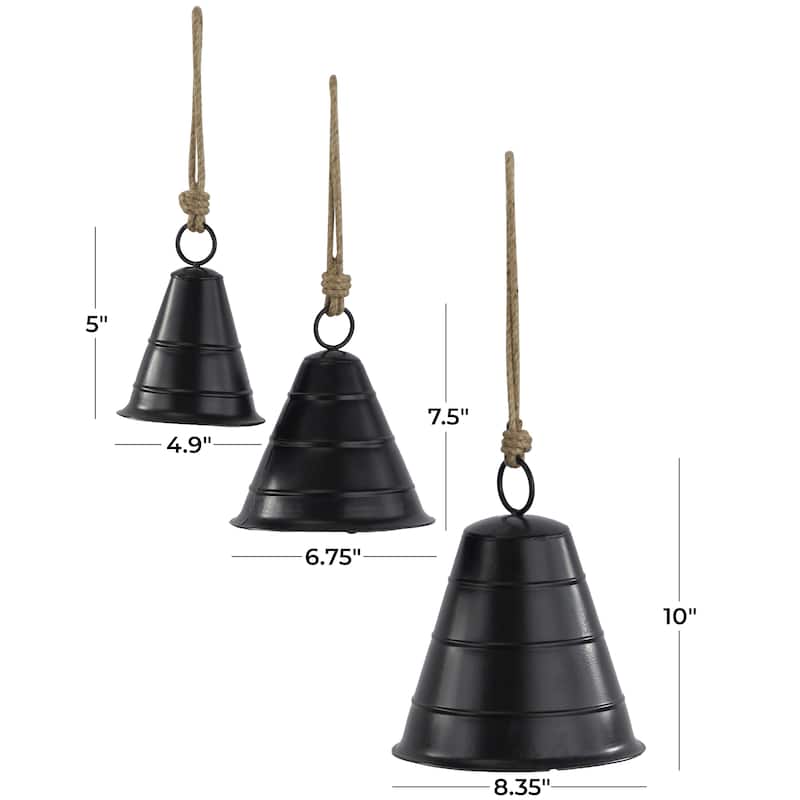 Metal Tibetan Inspired Decorative Cow Bells with Jute Hanging Rope - Set of 3 Black or Bronze - Roche River Decor