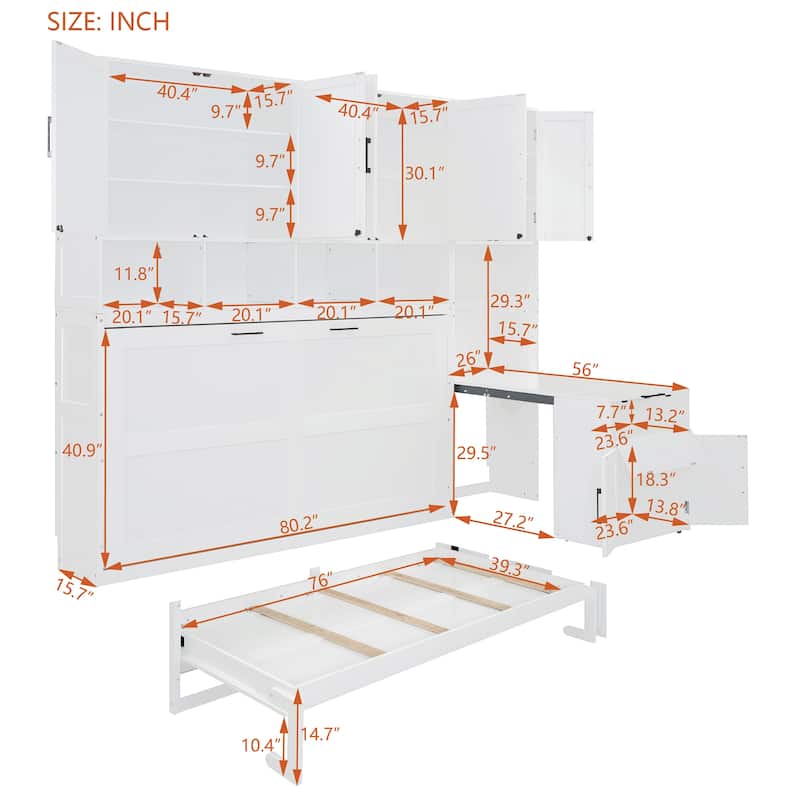 Twin Size Murphy Wall Bed with Closet, Drawers, and Desk, Space-Saving Storage Solution