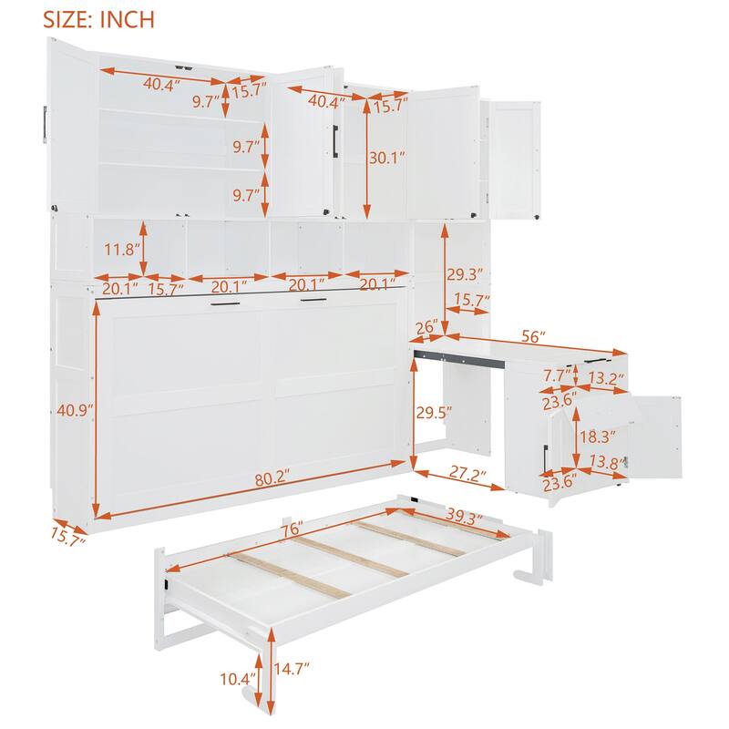 Twin Size Wall-Mounted Murphy Bed with Built-In Closet, Storage Drawers, and Desk - Multifunctional Design