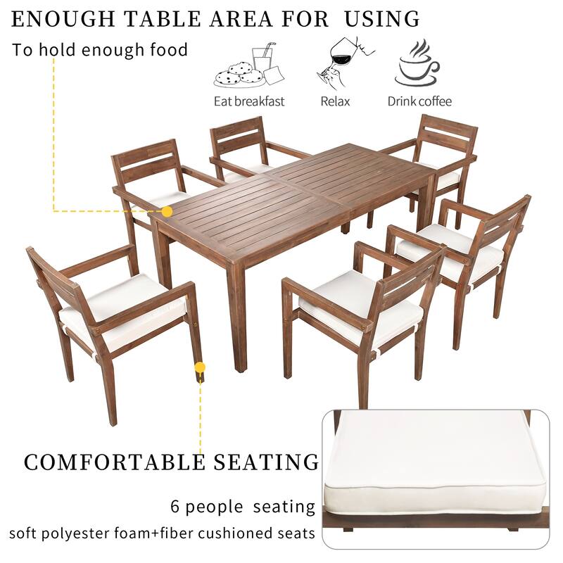 7-Piece Outdoor Patio Dining Set with 6 Armrest Chairs Acacia Wood Outdoor Dining Table and Chairs Set for Patio