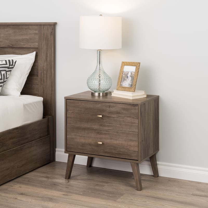 Prepac Milo Mid-Century Modern 2 Drawer Nightstand, Bedside Table, Contemporary Bedroom Furniture