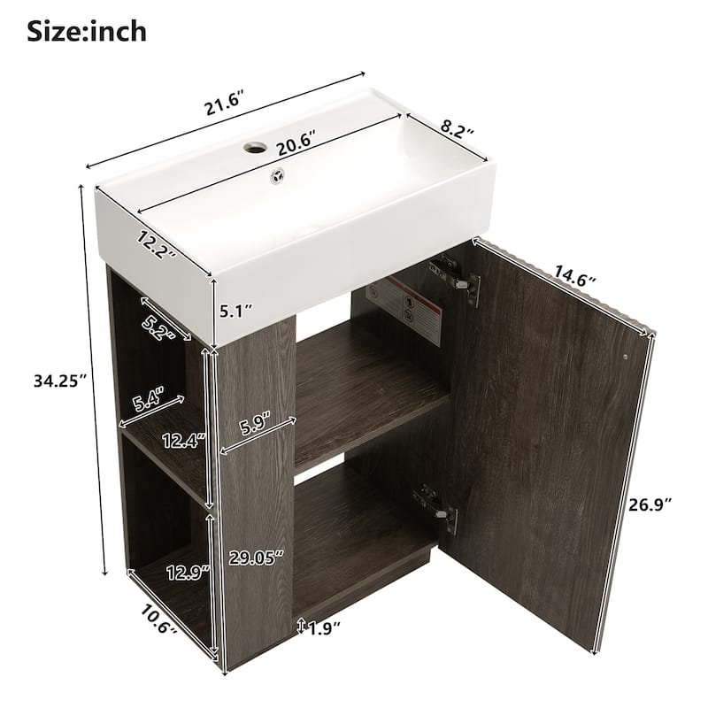 21.6" Bathroom Vanity With Ceramic Sink, Freestanding Modern Right Door Wood Grain Cabinet With Open And Closed Storage
