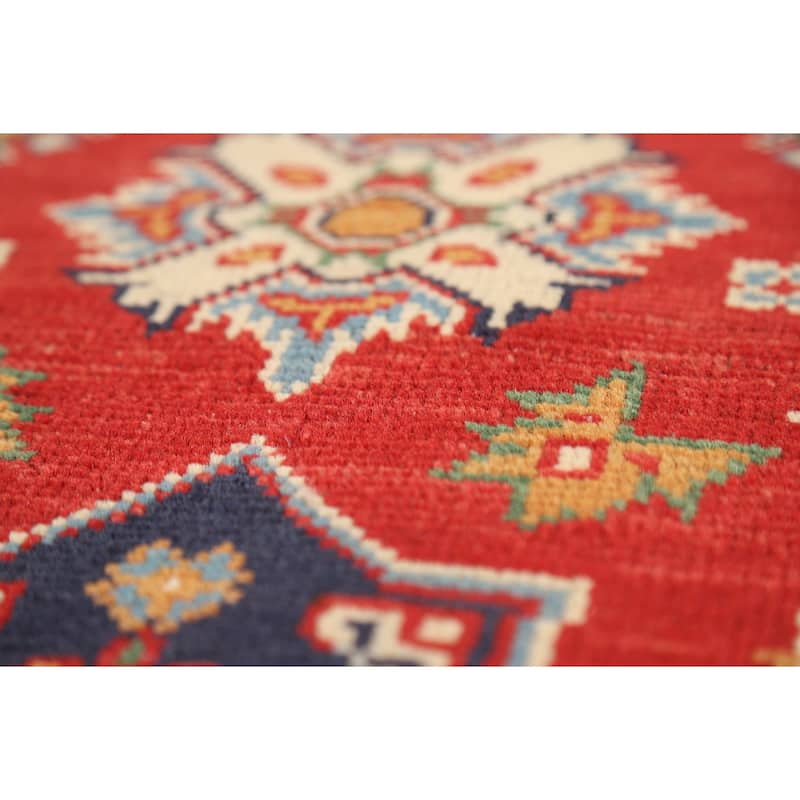 Red Geometric Kazak Oriental Accent Rug Hand-Knotted Wool Carpet - 2'0" x 3'0"