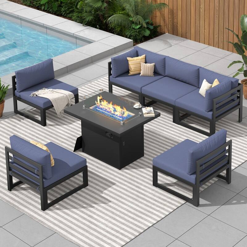 FINCATI Aluminum Outdoor Patio Furniture Conversation Sectional Sofa Set - 7 Pieces-A - Blue