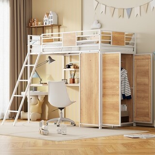 White Twin Size Metal Wood Loft bed with L-shape Desk, Wardrobe, Fence and Ladder