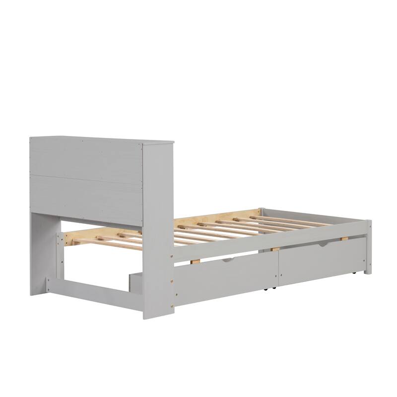Modern Twin Size Bed Frame with USB Port, Bookcase Headboard, and 2 Drawers in Grey