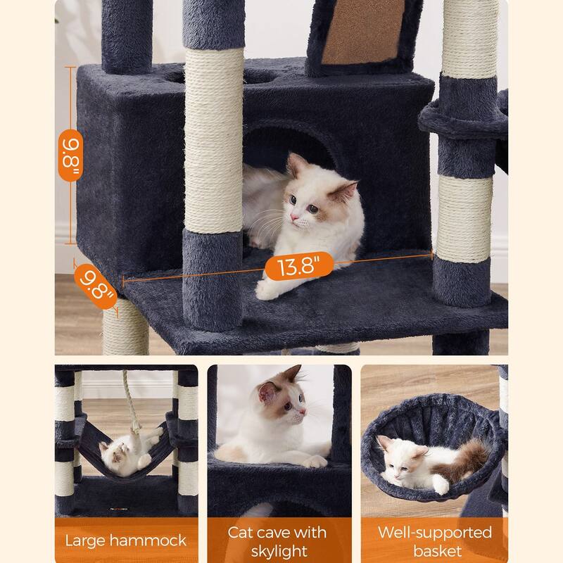 Cat Tree, 66.1-Inch Large Cat Tower with 13 Scratching Posts, 2 Perches, 2 Caves, Basket, Hammock, Pompoms