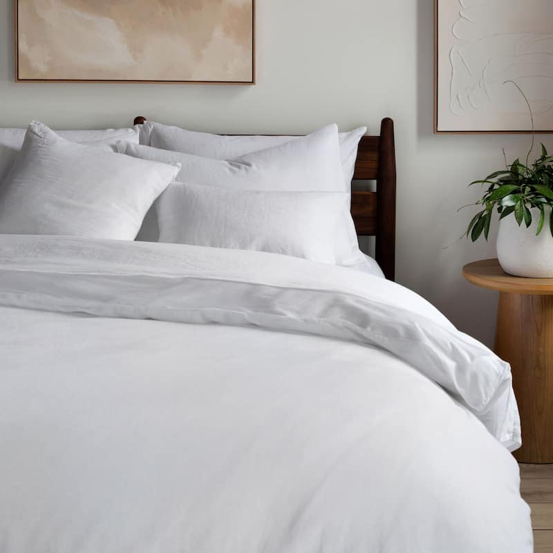 French Linen and Cotton Duvet Cover & Sham Set by BOKSER HOME - White - King - 3 Piece