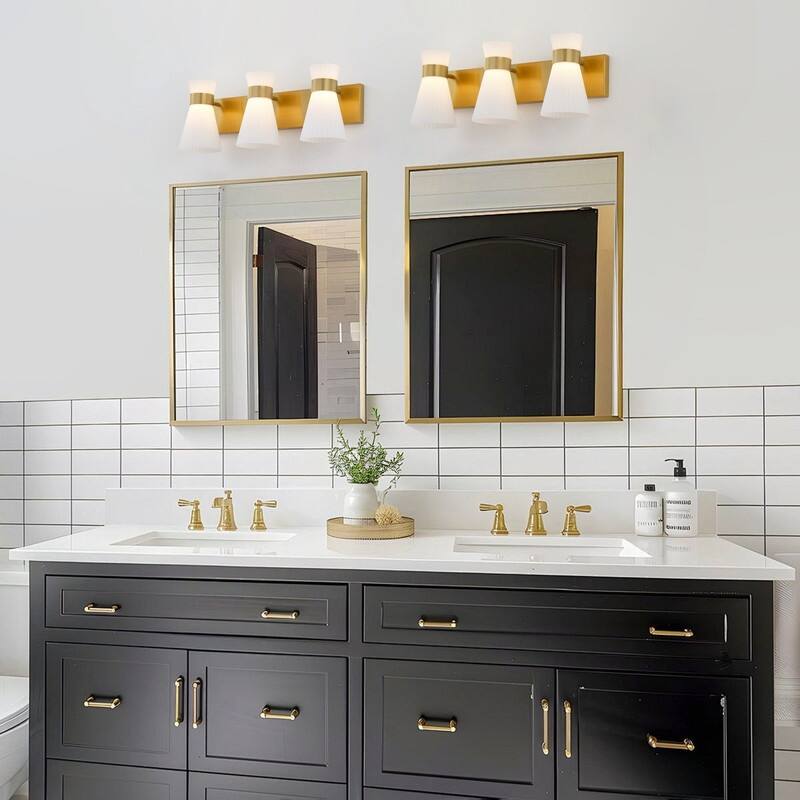 3 Light Gold Vanity Wall Sconce with White Glass Shades Modern Bathroom Lighting Fixture for Mirror and Dressing Area