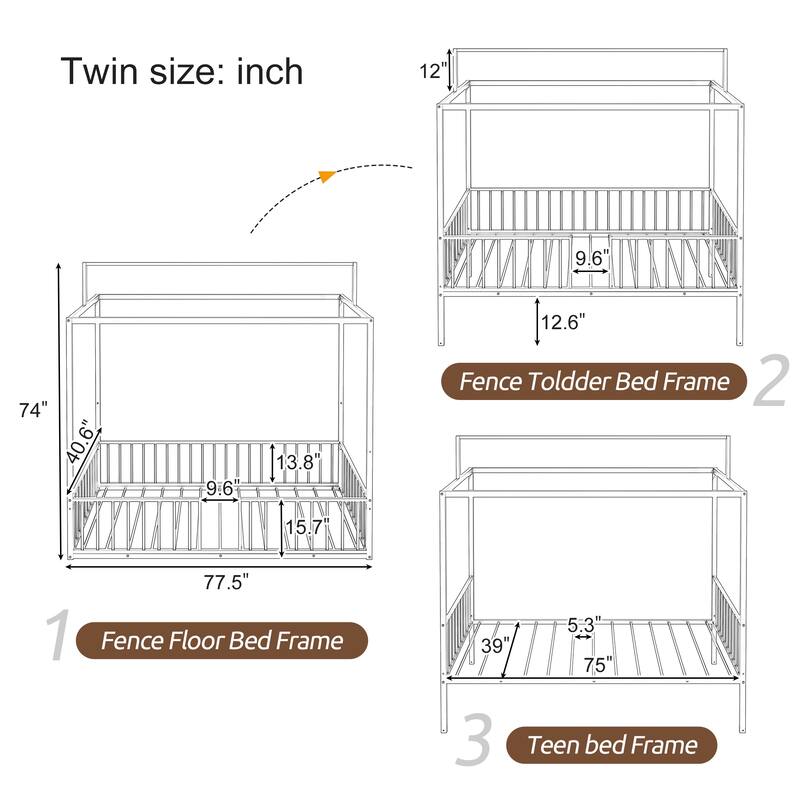 3-in-1 Convertible Montessori Metal Floor Bed by Harper&Bright Designs