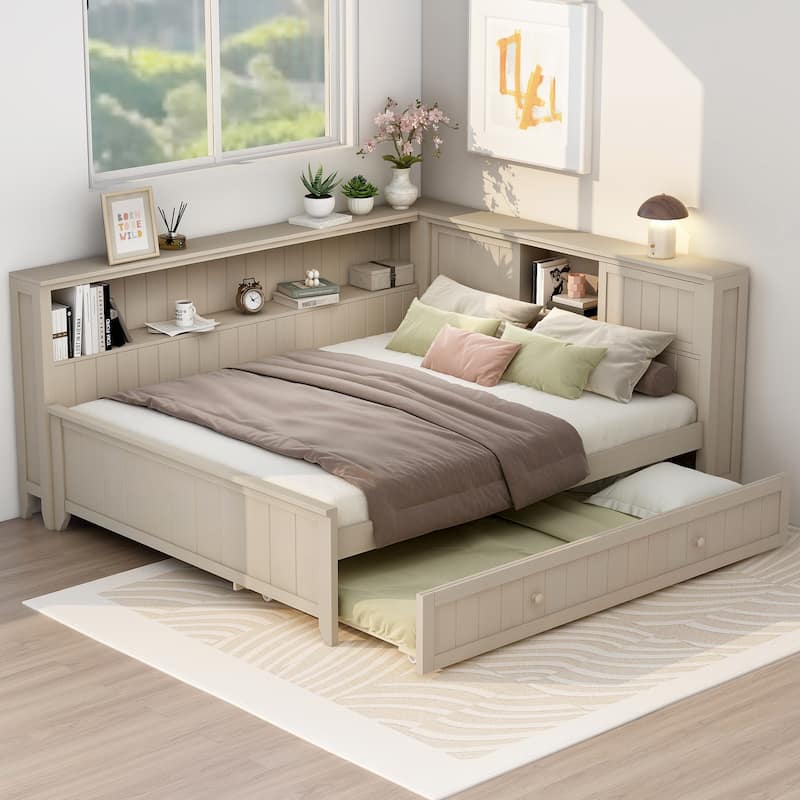 Full Size L Shaped Daybed with Twin Trundle, Wood Sofa Bed Frame with Storage Shelves and Slats Support, No Box Spring Needed