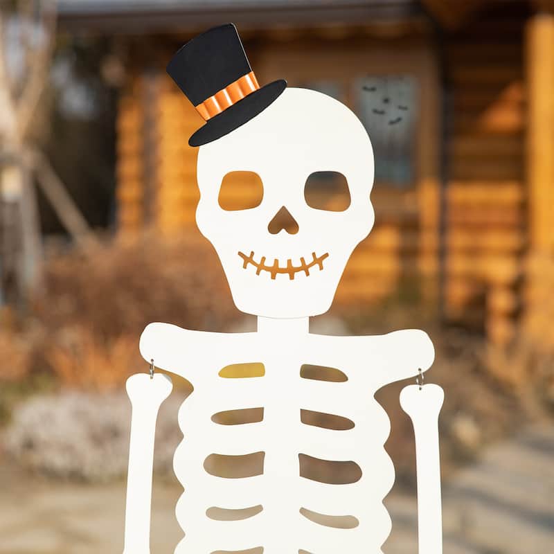 Glitzhome 60"H Halloween WELCOME Metal Dangling Skeleton Yard Stake