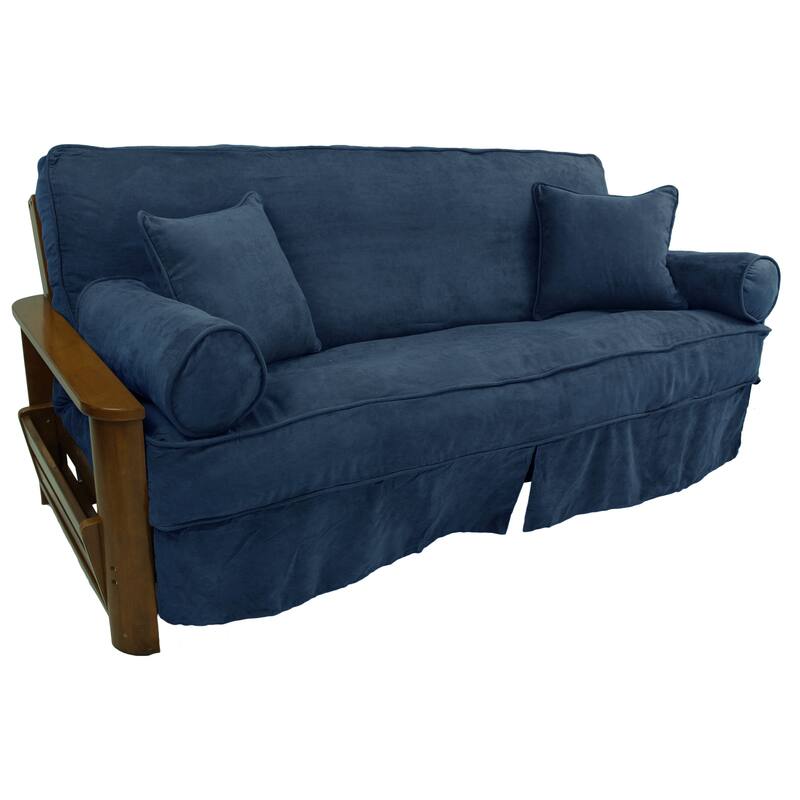 Microsuede Full-Size 8-10 Inch Thick Futon Slip Cover Set with Four Throw Pillows - Indigo