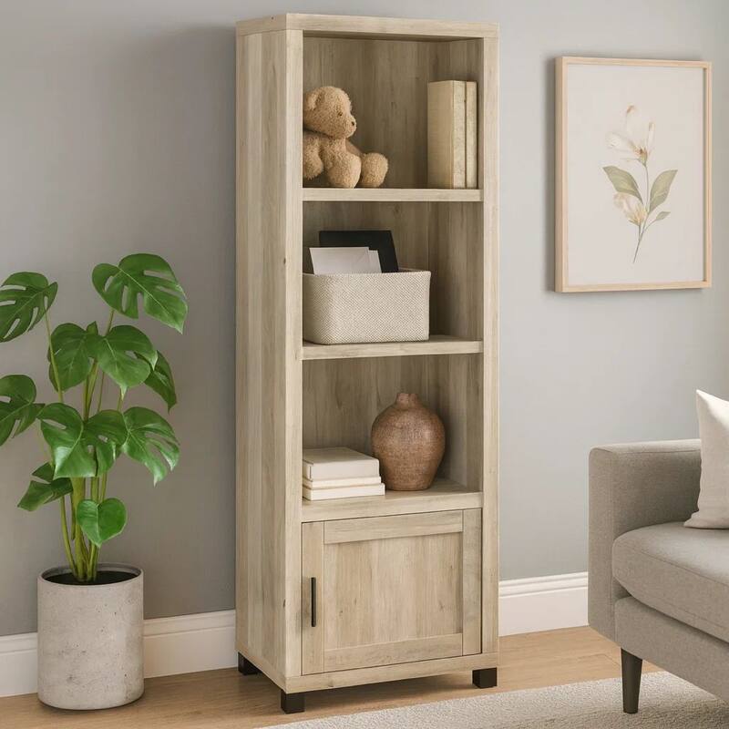 Sac 71 Inch Media Pier Tower with 3 Shelves and Cabinet, Antique Pine Wood