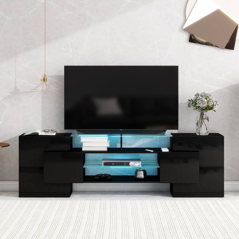 ON-TREND Unique Shape TV Stand with 2 Illuminated Glass Shelves, High Gloss Entertainment Center for TVs Up to 88", Versatile TV