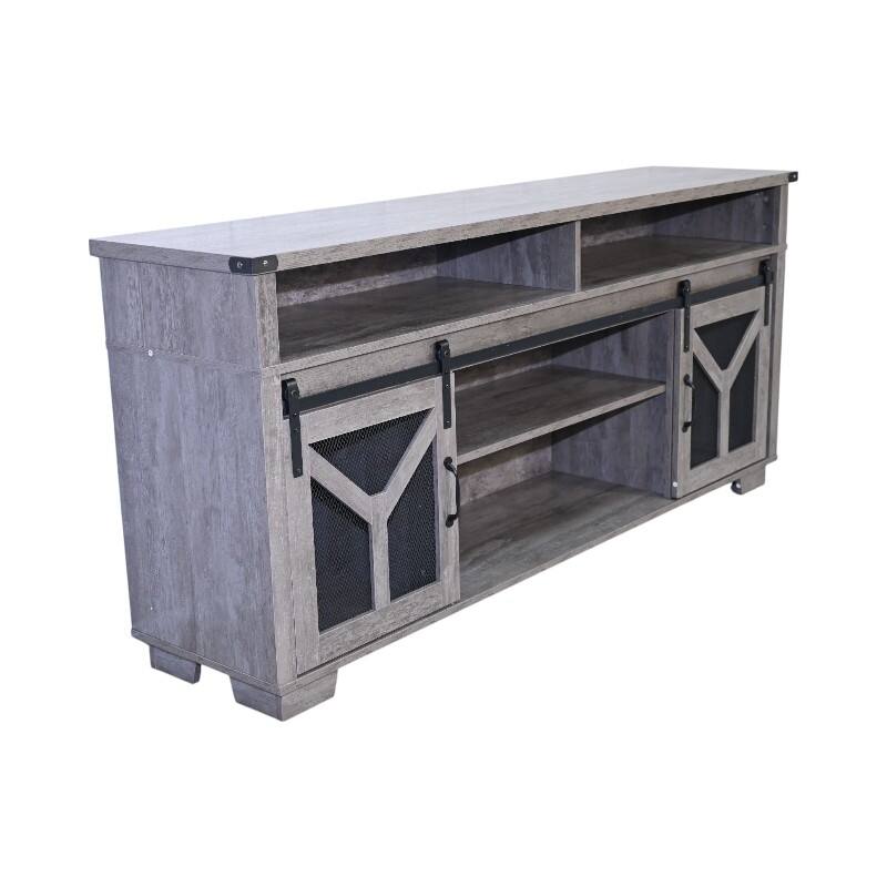 Country Style TV Stand LED TV Stand with Lron Mesh Barn Door and Y Decorative Strip, for Living Rooms, Antique Gray