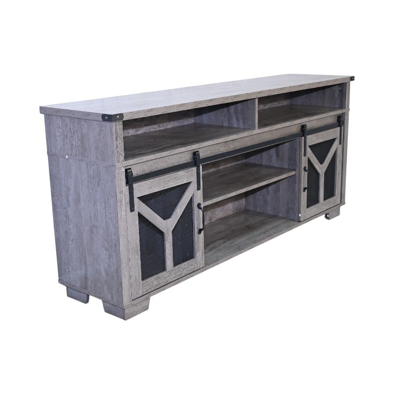 TV Stand with LED Light Strips, Multi-functional Entertainment Center, Console Table with Iron Mesh Barn Door & Open Shelf