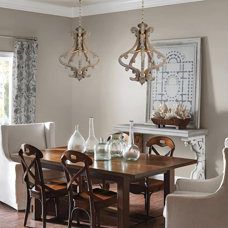 4 - Light Geometric Lantern Pendant with Wood Accents - Grey/Glod