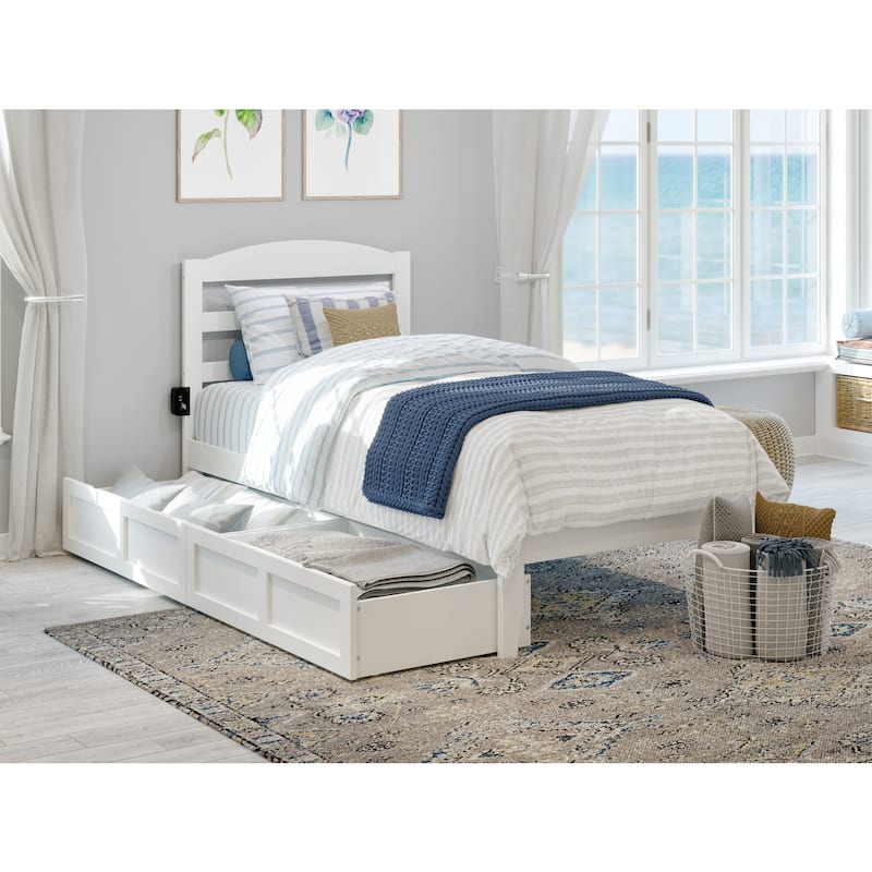 Vogue Platform Bed with Drawers - White Storage Bed with Charging Station - Solid Wood & Veneer Frame