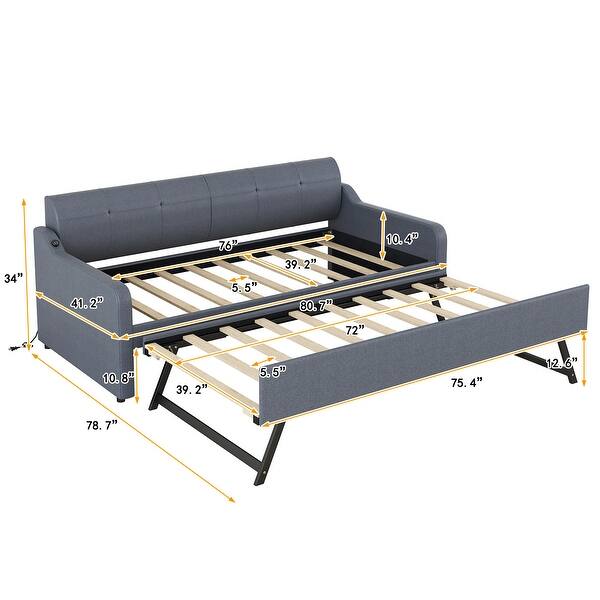 Upholstered Bed Twin Size Daybed with Trundle and USB Charging Design, Livingroom Daybed with Pull-out Sofa Bed, Gray