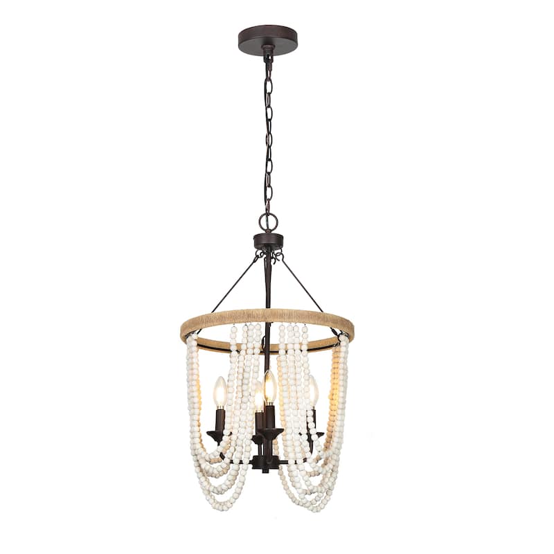 Renia Farmhouse 4-light Wood Beaded Chandelier Rustic Hemp Rope Basket Coastal Ceiling Lights