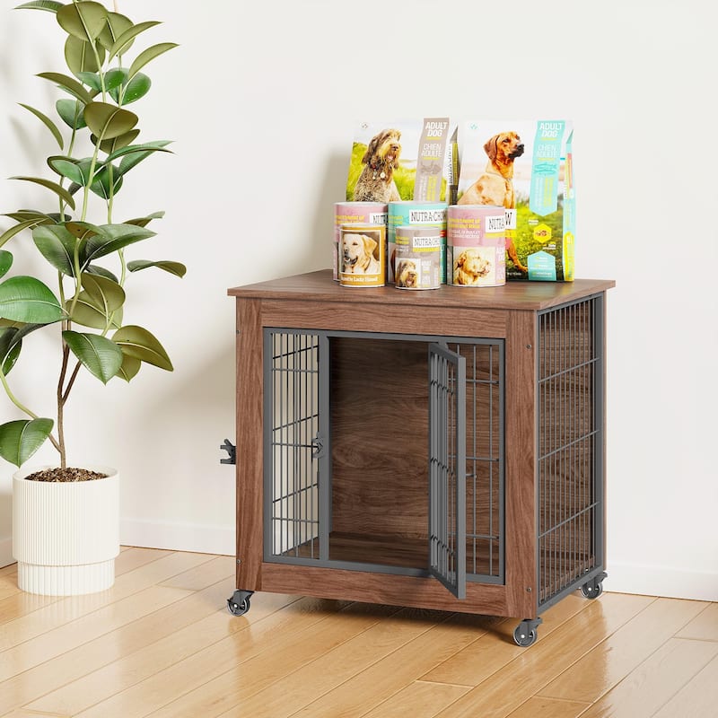 27.2" Dog Crate Furniture with Wheels for Small Dogs, Heavy Duty Dog Kennel Indoor with 2 Doors, Double-Doors Sturdy Dog Cage