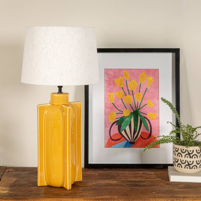 Ceramic Table Lamp with Crossed Base and Linen Shade - Yellow