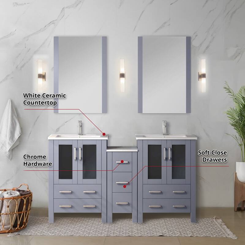 Volez Double Bath Vanity with Side Cabinet, Faucet Set, White Ceramic Top and Mirrors