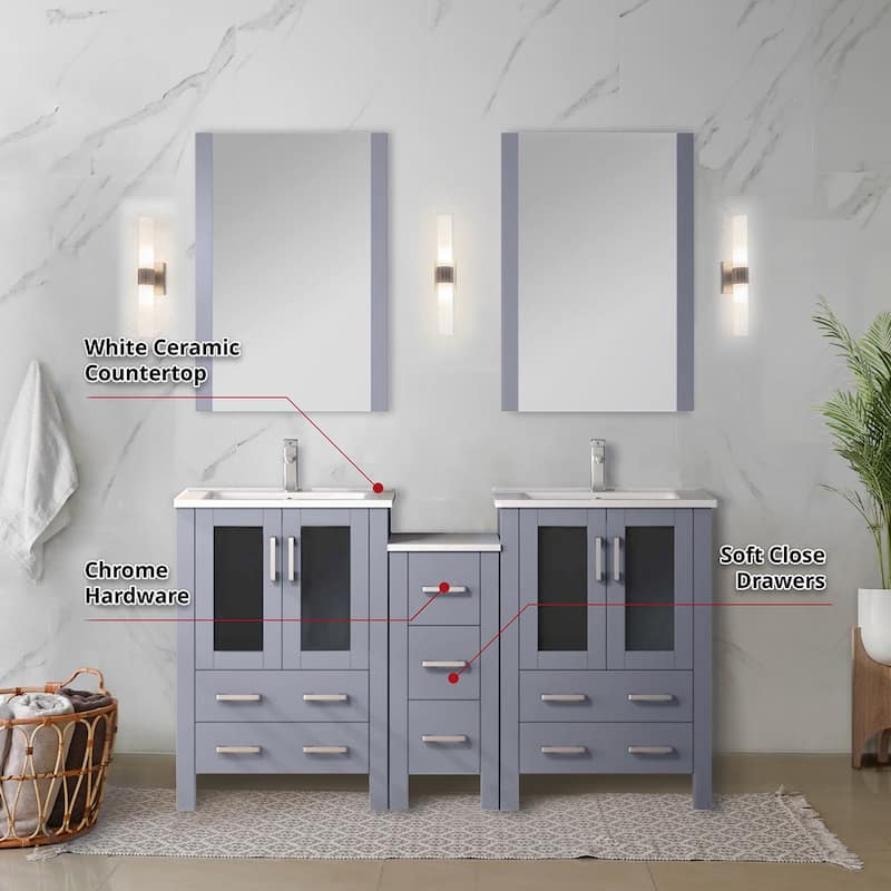 Volez Double Bath Vanity with Side Cabinet and White Ceramic Top