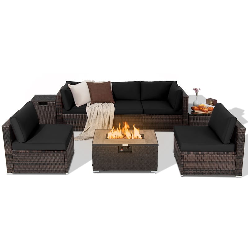 8PCS Patio Rattan Furniture Set Fire Pit Table Tank Holder Cover Deck - Brown+Black