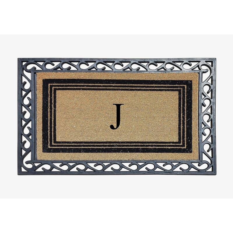 A1HC Natural Coir & Rubber Monogrammed Entrance Door Mats, Non-Slip, Flock Doormat, Thin-Profile Indoor Outdoor Doormat 24"x36" - J