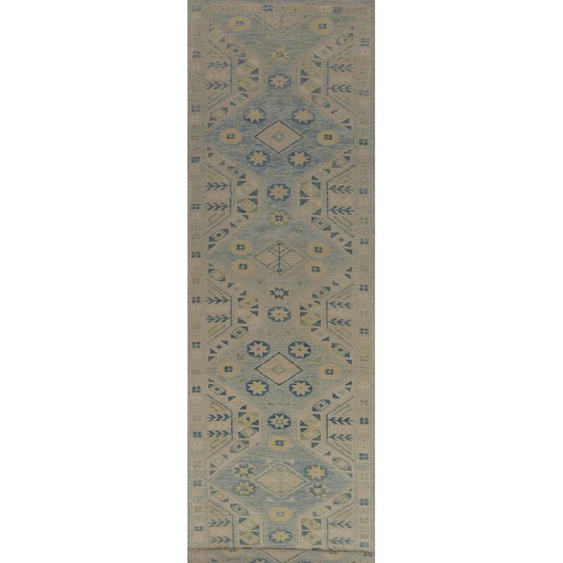 Hand Knotted Oriental 100% Wool Carpet Transitional Geometric Navy Blue & Blues Oushak Runner Rug - 16' 0'' X 3' 4''