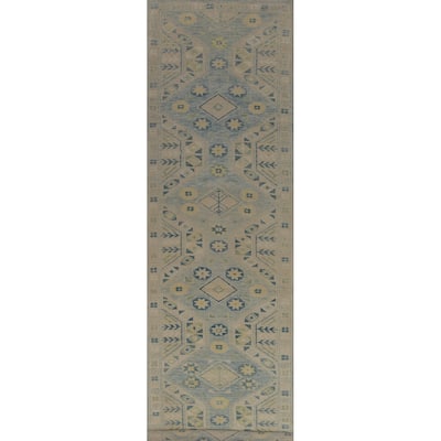 Hand Knotted Oriental 100% Wool Carpet Transitional Geometric Navy Blue & Blues Oushak Runner Rug - 16' 0'' X 3' 4''