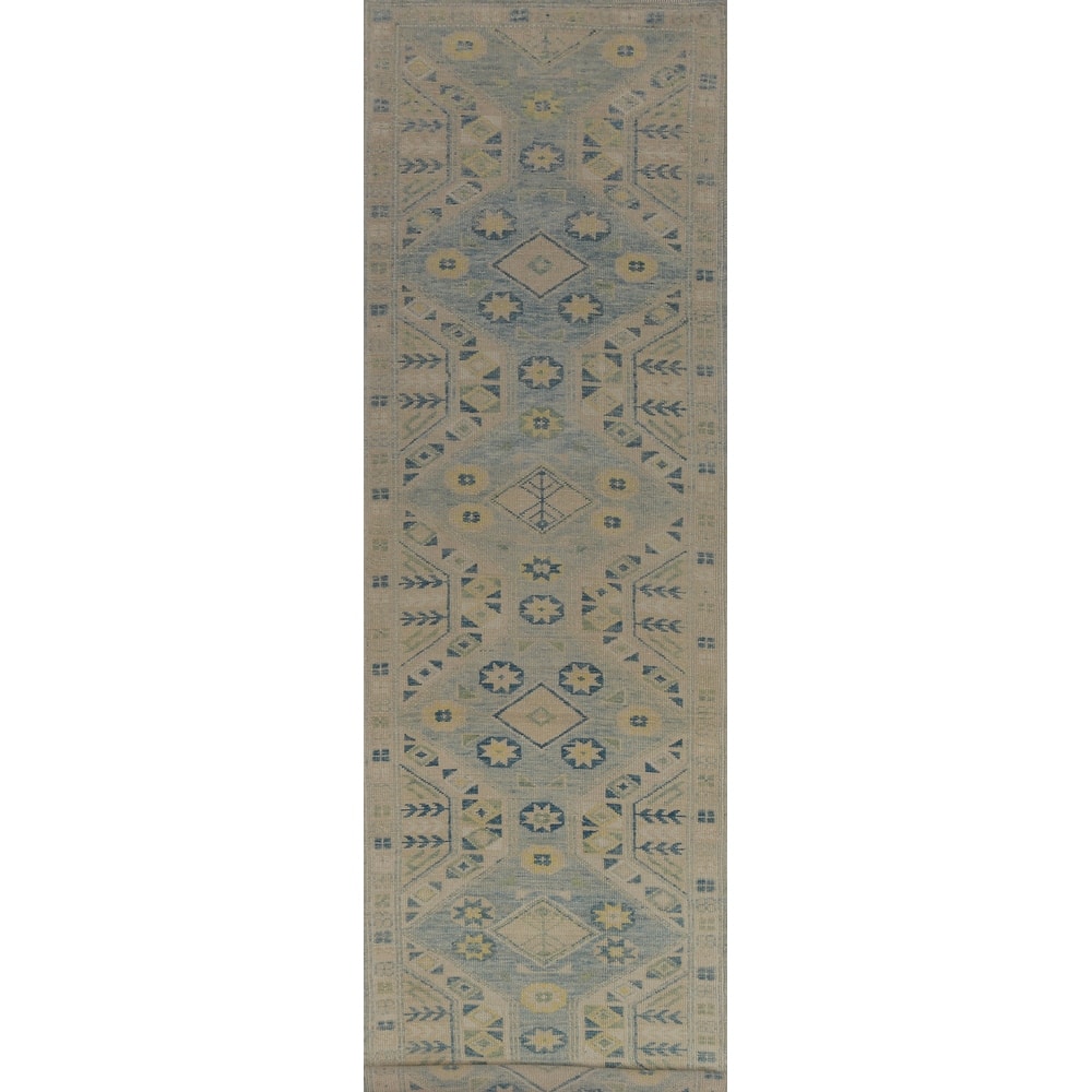 Hand Knotted Oriental 100% Wool Carpet Transitional Geometric Navy Blue & Blues Oushak Runner Rug - 16' 0'' X 3' 4''