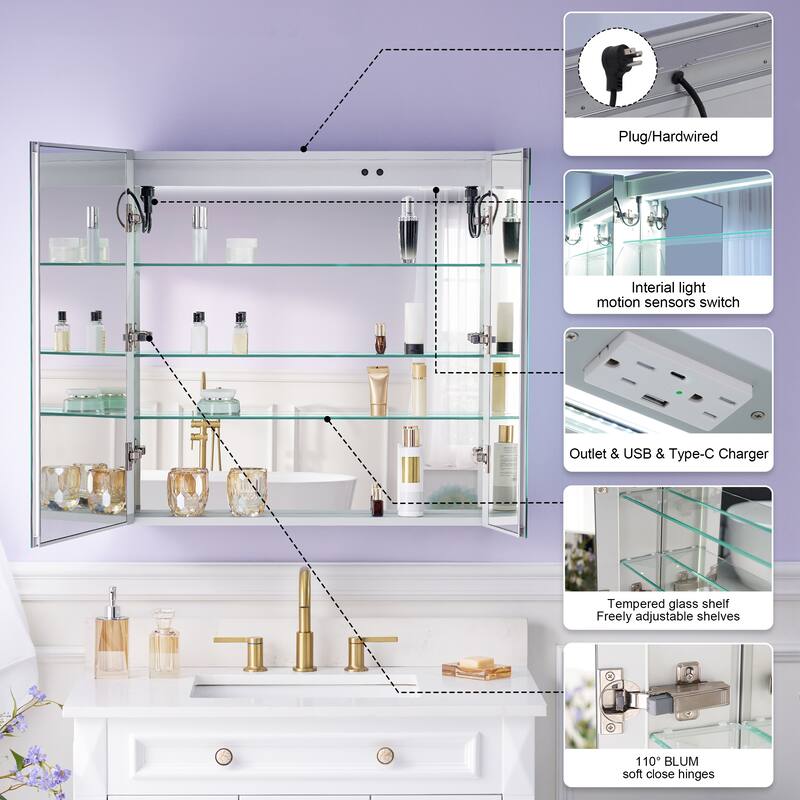30" H Recessed or Surface LED Mirror Cabinet with Adjustable Glass Shelves,Defogger, Dimmer And Outlets & USB Ports