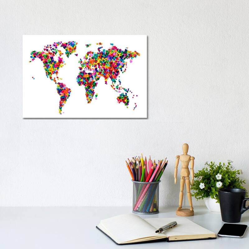 iCanvas "World Map Hearts (Multicolor)" by Michael Tompsett Canvas Print - 8x12x0.75