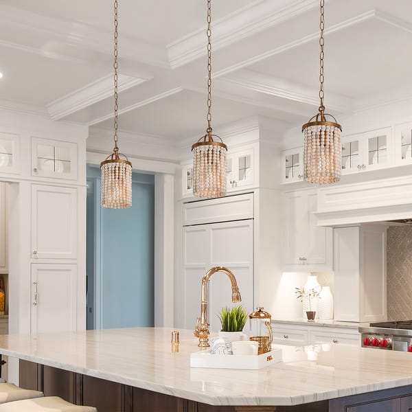 slide 2 of 17, Alisar Mid-century Modern Gold Mini Pendant Light French Country Distressed White Wood Beads for Kitchen Island